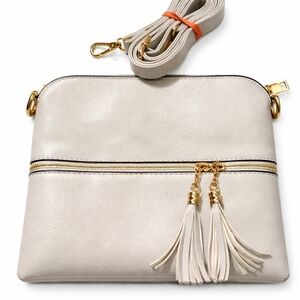 👜✨ Chic Light Gray Crossbody Bag w/ Tassel Zippers & Adjustable Strap ✨👜